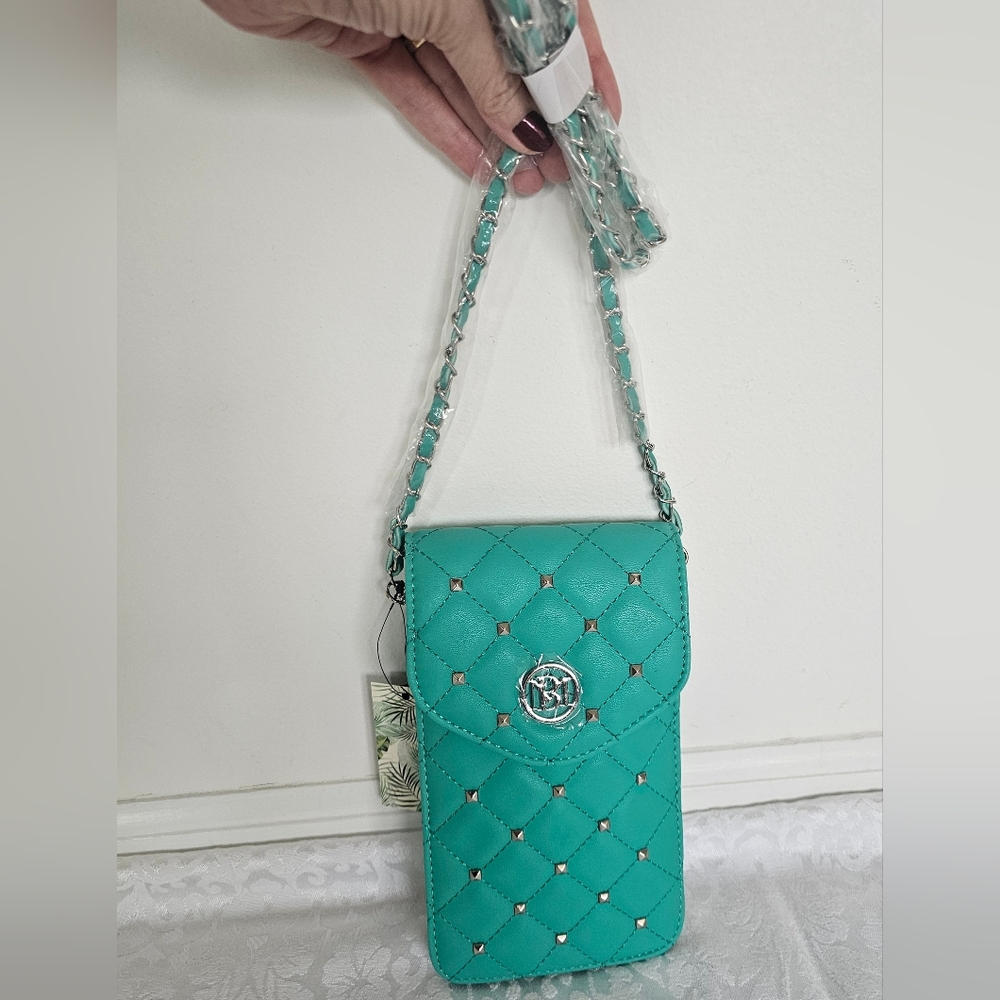 Badgley Mischka Teal Green Diamond Quilted and Studded Phone Case Crossbody